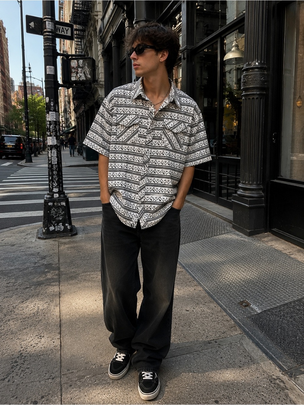 True Religion Black & White Patterned Short-Sleeve Button-Down Shirt